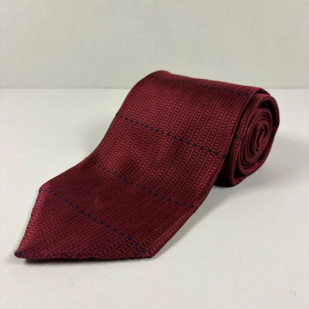 Pierre Balmain Necktie Mens OS Burgundy Red Silk Grid Dotted Stripe Formal 0452